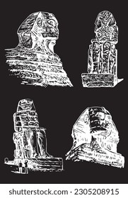 Graphical set of sphinx and  Colossi of Memnon isolated on black background,vector engraved illustration . Egyptian architecture
