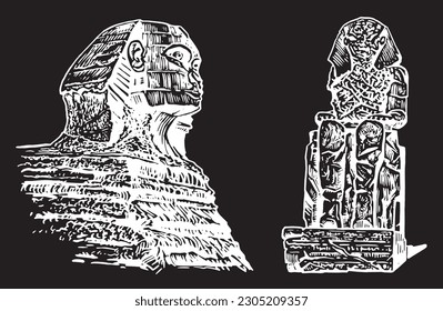 Graphical set of sphinx and  Colossi of Memnon isolated on black background,vector engraved illustration . Egyptian architecture