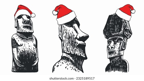 Graphical set of statues of Moai in Santa Claus red hats on white background, statues of Easter Island . Vector illustration, Christmas elements