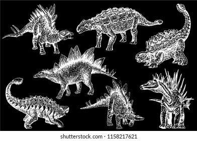 Graphical set of stegosaurs and ankylosauruses  isolated on black background,vector sketchy illustration