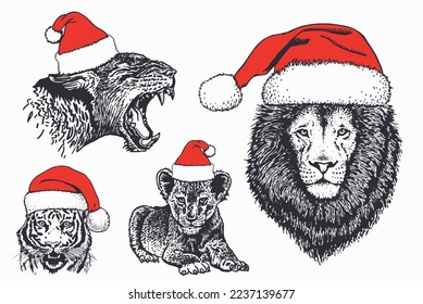 Graphical set of  tiger and lions in Santa Claus hats on white background