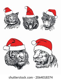 Graphical set of tiger portraits in Santa Claus hats on white background,symbol of new year 2022