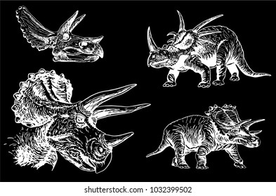 Graphical set of triceratopes isolated on black background,vector