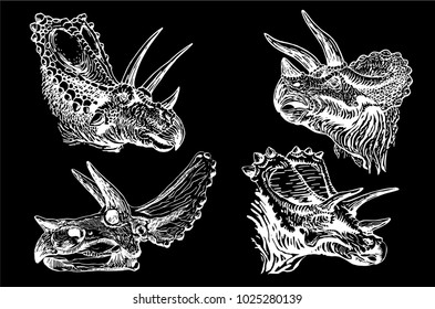 Graphical set of   triceratops portraits isolated on black background,vector illustration