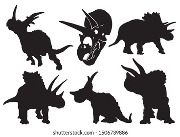 Graphical set  of triceratops silhouettes isolated on white background,vector illustration