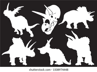 Graphical set  of triceratops silhouettes isolated on black background,vector illustration