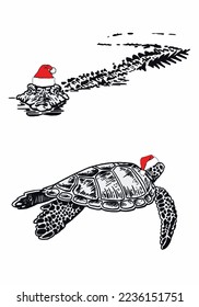 Graphical set of turtle and crocodile in Santa Claus red hat isolate on white background, Christmas elements