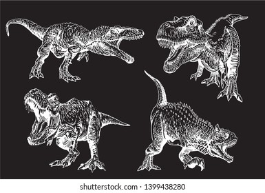 Graphical set of tyrannosaurus isolated on black,vector illustration