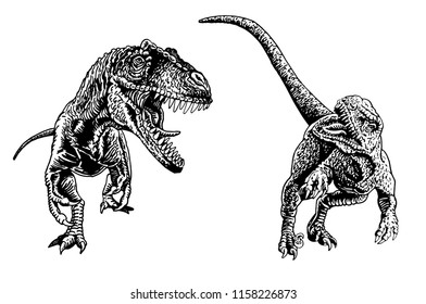 Graphical set of tyrannosaurus and velociraptor isolated on white, vector tattoo sketchy illustration ,t-rex