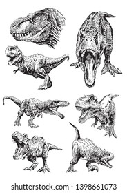 Graphical set of tyrannosauruses isolated on white,vector illustration,tattoo design