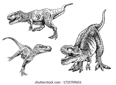 Graphical set of tyrannosauruses isolated on white background, vector illustration for tattoo ,logo and printing