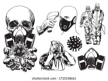Graphical set of virus elements isolated on white background, vector illustration
