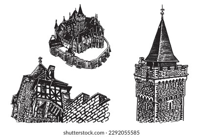 Graphical set of  Wernigerode Castles isolated on white, architecture of Germany