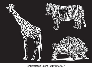 Graphical set of wild animals isolated on black,vector illustration. Hand-drawn elements of savanna life