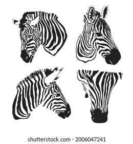 Graphical set of zebras head isolated on white background,vector hand-drawn illustration for tattoo and printing