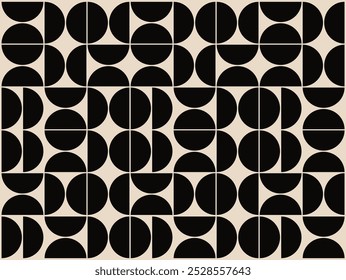 Graphical shapes of half circles in black and beige shades. The classic Bauhaus style pattern design for a unique decor, textiles and interior design.