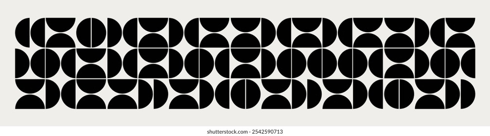 Graphical shapes of half circles in black and white shades. The classic Bauhaus style pattern design for a unique decor, textiles and interior design.