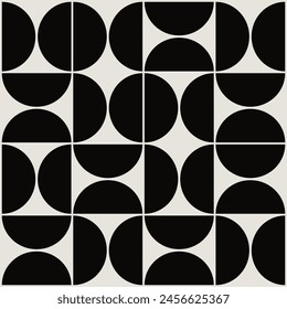 Graphical shapes of half circles and squares in black and beige. The classic Bauhaus style pattern design.