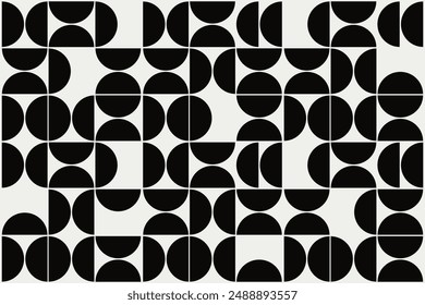 Graphical shapes of half circles and squares in black and beige. The classic Bauhaus style pattern design.