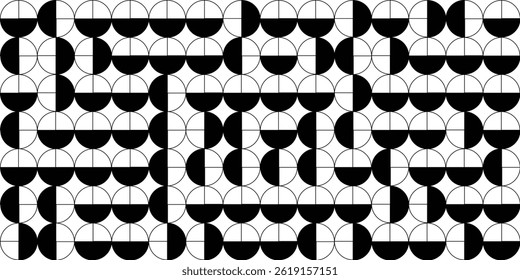Graphical shapes of half circles and squares in black and beige. The classic Bauhaus style pattern design.