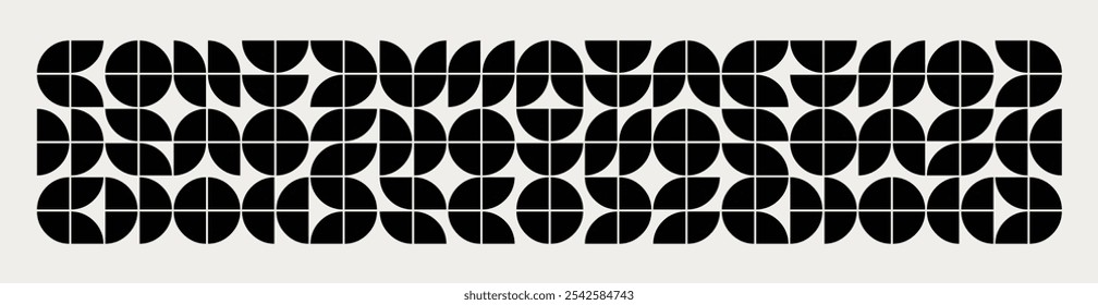 Formas gráficas de círculos trimestrais em tons pretos e brancos. O clássico padrão de estilo moderno de Midcentury para uma decoração única, têxteis e design de interiores.