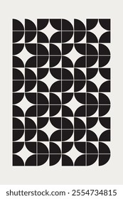 Graphical shapes of quarter circles in black and white shades. The classic Midcentury style pattern for a unique decor, textiles and interior design.