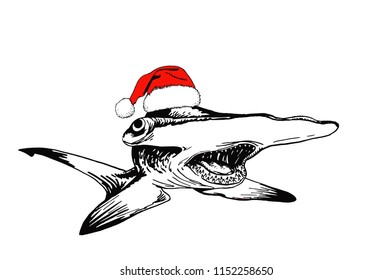 Graphical shark in Santa Claus hat isolated on white , vector new year illustration