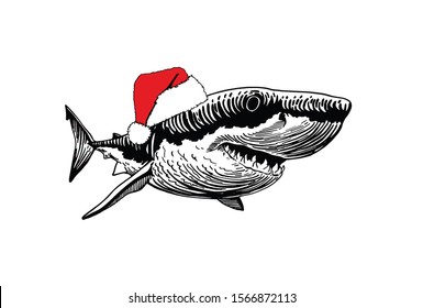 Graphical shark in Santa Claus hat isolated on white background,new year illustration