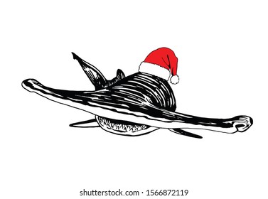 Graphical shark in Santa Claus hat isolated on white background,new year illustration