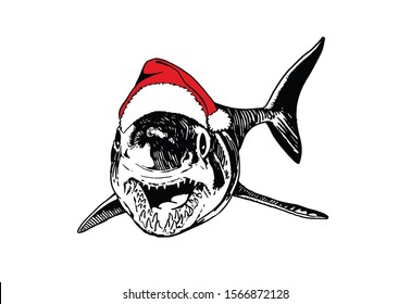 Graphical shark in Santa Claus hat isolated on white background,new year illustration