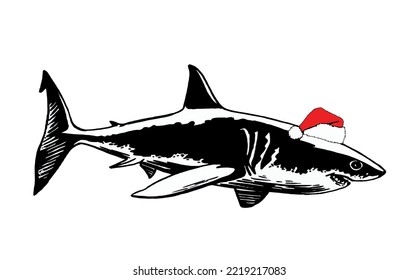 Graphical shark in Santa Claus hat isolated on white background,new year illustration