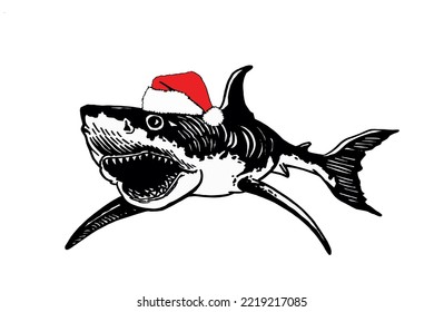 Graphical shark in Santa Claus hat isolated on white background,new year illustration