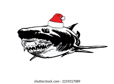 Graphical shark in Santa Claus hat isolated on white background,new year illustration