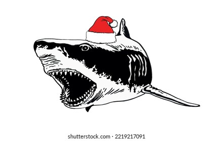 Graphical shark in Santa Claus hat isolated on white background,new year illustration