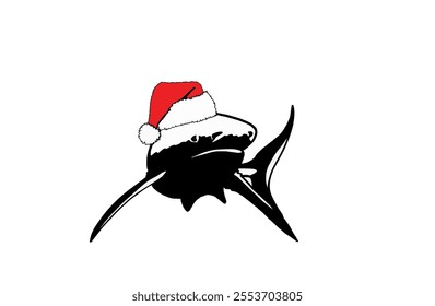 Graphical shark in Santa Claus hat isolated on white background,new year illustration	