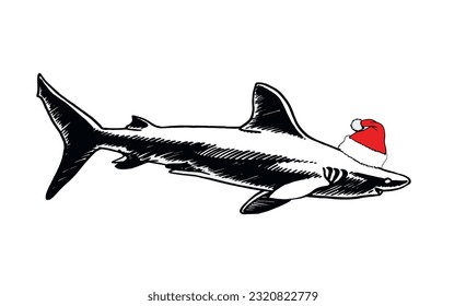 Tiburón gráfico en Santa Claus sombrero rojo sobre fondo blanco, vida submarina. Ilustración vectorial del año nuevo, gran elemento de tiburón blanco
