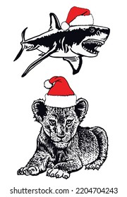 Tiburón gráfico y león pequeño en sombreros de Santa Claus aislados en elementos blancos, vectores de año nuevo para diseño de navidad