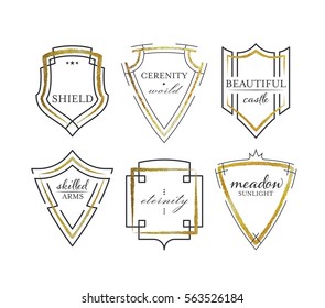 Graphical shields with geometrical scratched shapes, black and golden pre-made logo and frames' vector package