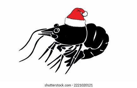 Graphical shrimp in red Santa Claus hat isolated on white background,vector illustration