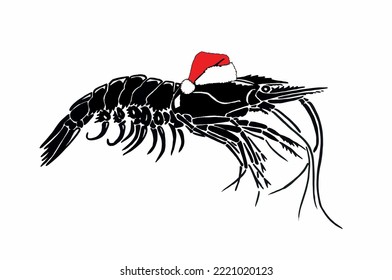 Graphical shrimp in red Santa Claus hat isolated on white background,vector illustration