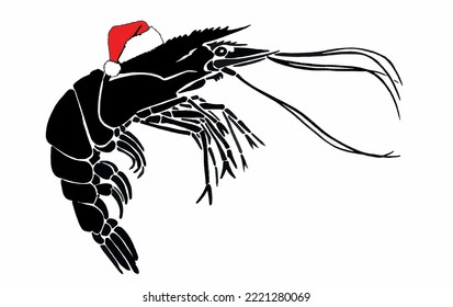 Graphical shrimp in red Santa Claus hat isolated on white background,vector illustration