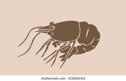 Grafische Garnelen, sepiatischer Hintergrund, Vektorgrafik von Vintage, Meeresfutterelement