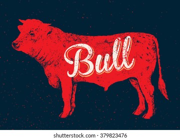 Graphical silhouette bull and inscription, drawn by hand.
