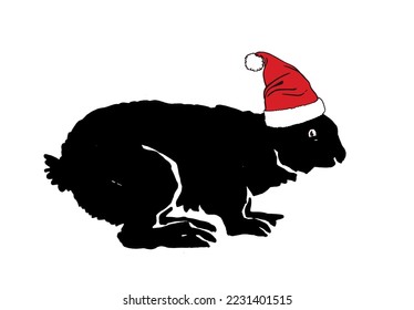 Graphical silhouette of  bunny in Santa Claus hat isolated on white, vector new year illustration