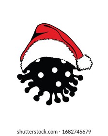 Graphical silhouette of coronavirus in Santa Claus hat isolated on white background,vector illustration
