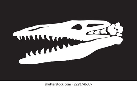 Graphical  silhouette of crocodile skull  isolated on black background,vector engraved illustration for tattoo and printing