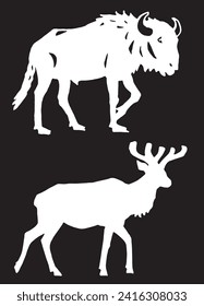 Graphical silhouette of deer and bull on black background,vector illustration	