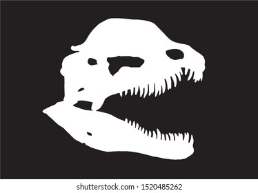 Graphical silhouette of dinosaur skull isolated on black background,vector engraved illustration