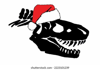 Graphical  silhouette of dinosaur skull  in Santa Claus red hat isolated on white background,vector Christmas element