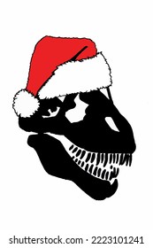 Graphical  silhouette of dinosaur skull  in Santa Claus red hat isolated on white background,vector Christmas element